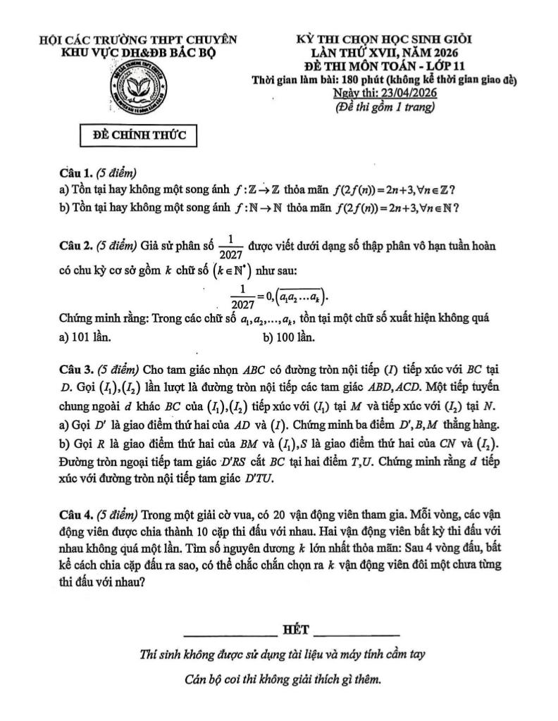 đề thi hsg toán 11 lần 17 năm 2026 hội các trường thpt chuyên dh&đb bắc bộ