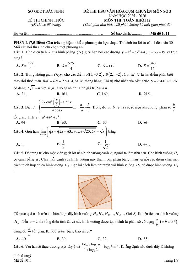 đề thi hsg toán 12 năm 2025 – 2026 cụm chuyên môn số 3 – bắc ninh 0