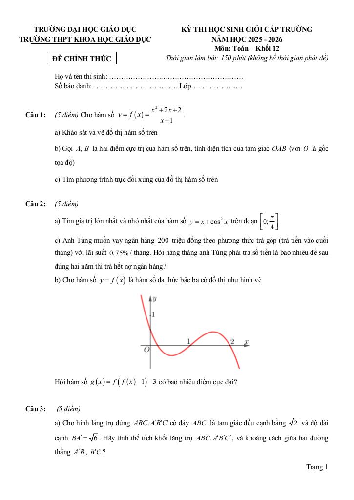 đề thi hsg toán 12 năm 2025 – 2026 trường thpt khoa học giáo dục – hà nội 0