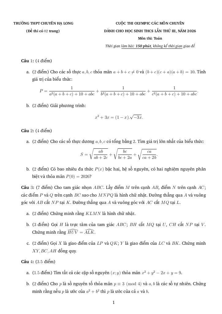 đề thi olympic chuyên toán thcs lần 3 năm 2026 trường chuyên hạ long – quảng ninh - hình 1