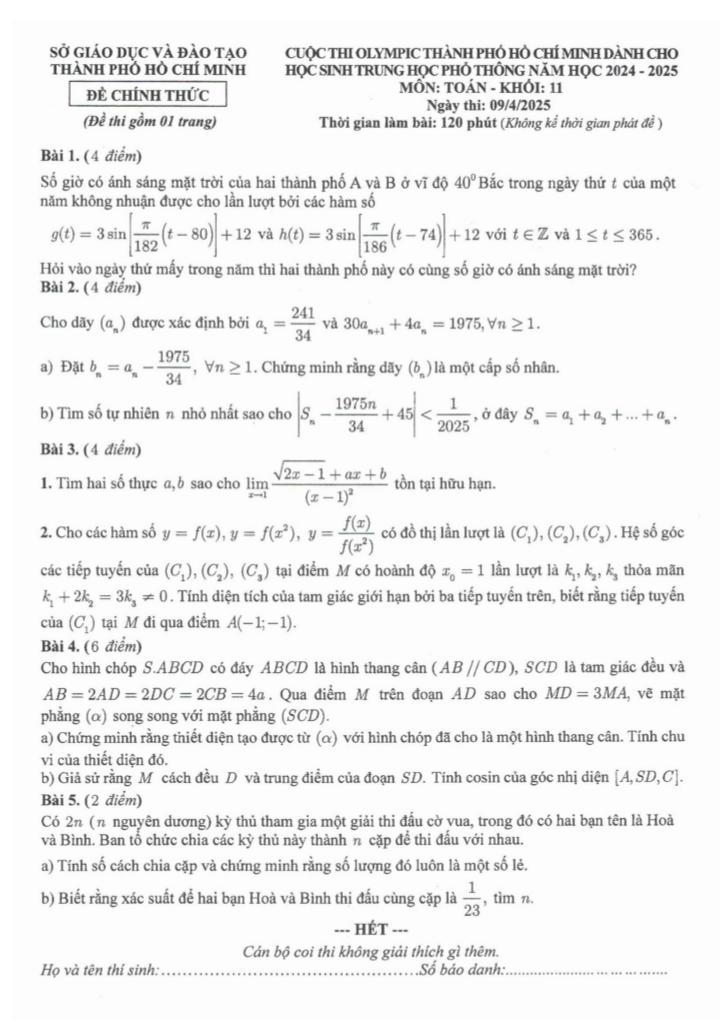 đề thi olympic toán 11 năm 2024 – 2025 sở gd&đt tp hồ chí minh