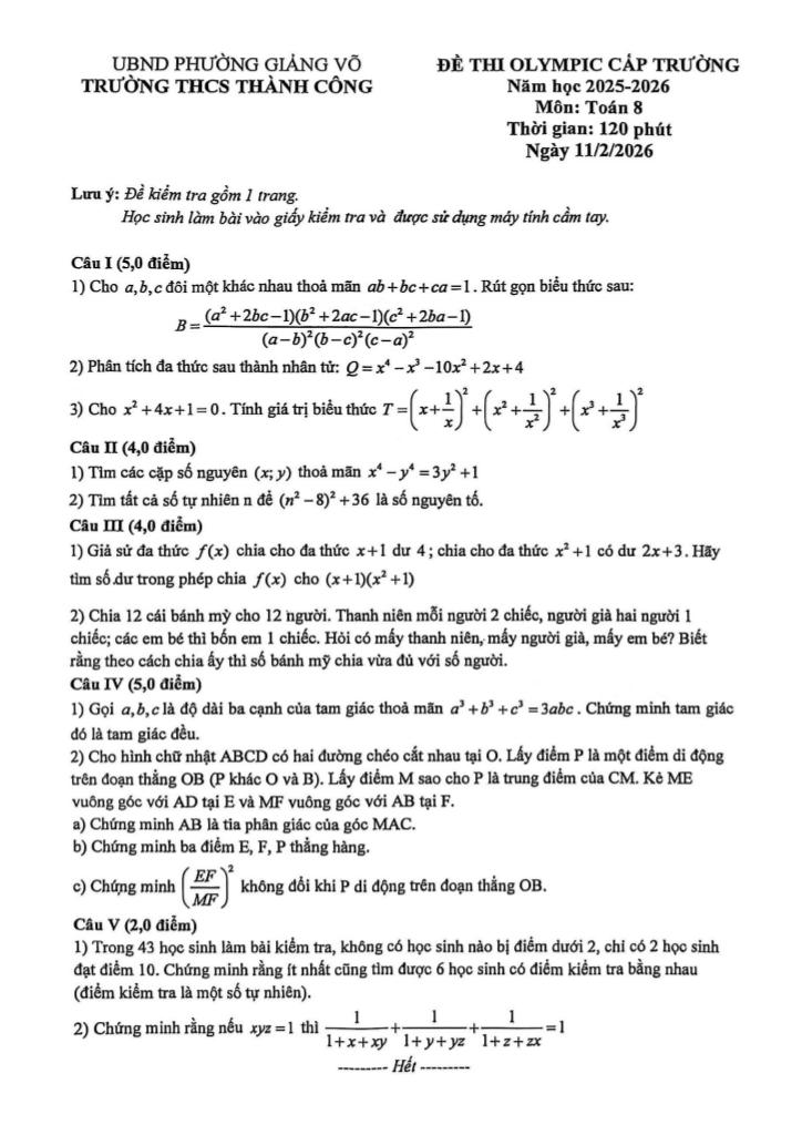 đề thi olympic toán 8 năm 2025 – 2026 trường thcs thành công – hà nội
