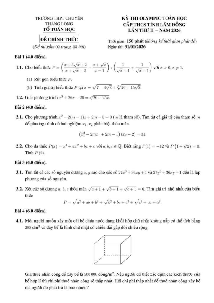 đề thi olympic toán thcs lần 2 năm 2026 trường chuyên thăng long – lâm đồng - hình 1