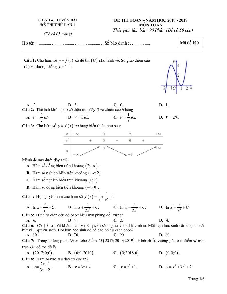 đề thi thử thpt quốc gia 2019 môn toán sở gd&đt yên bái 0