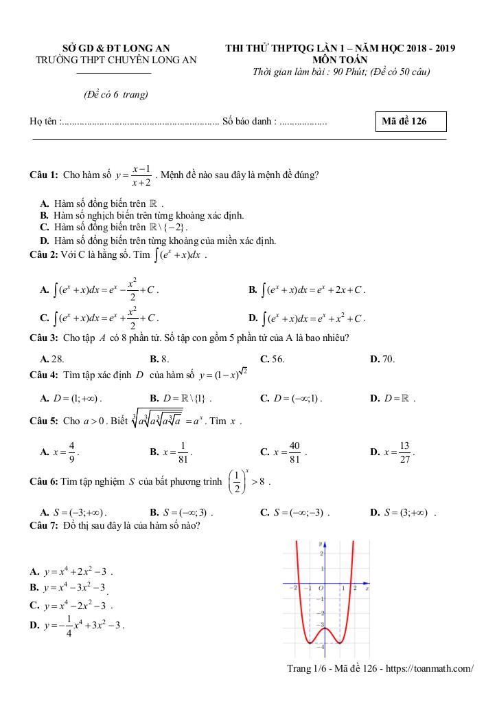 đề thi thử thptqg 2019 môn toán lần 1 trường thpt chuyên long an 0