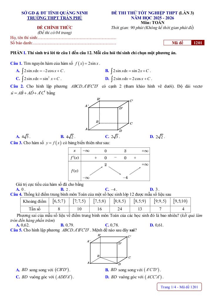 đề thi thử tn thpt 2026 môn toán lần 3 trường thpt trần phú – quảng ninh - hình 1