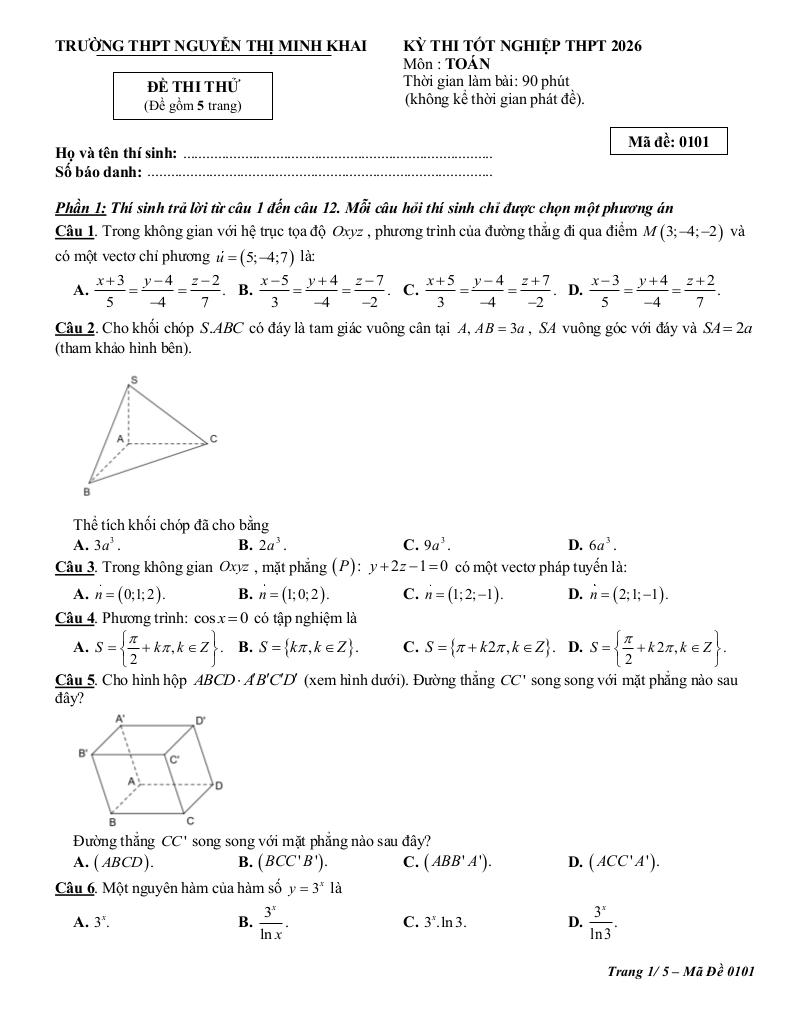 đề thi thử tn thpt 2026 môn toán trường thpt nguyễn thị minh khai – khánh hòa - hình 1