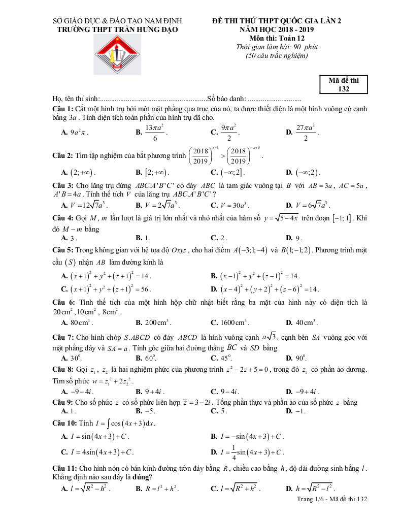 đề thi thử toán thpt qg 2019 lần 2 trường thpt trần hưng đạo – nam định 0