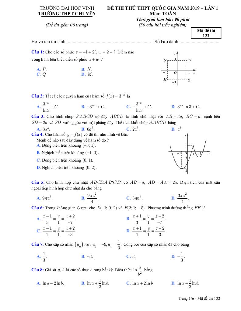 đề thi thử toán thpt quốc gia 2019 lần 1 trường thpt chuyên đại học vinh – nghệ an 0