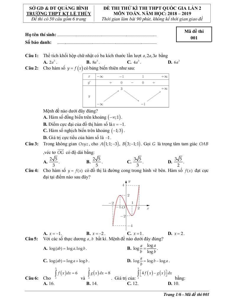 đề thi thử toán thpt quốc gia 2019 trường thpt lệ thủy – quảng bình lần 2 0