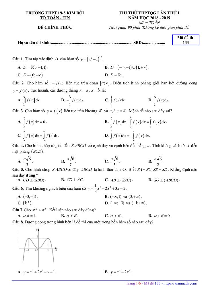 đề thi thử toán thptqg 2019 lần 1 trường thpt 19-5 kim bôi – hòa bình 0
