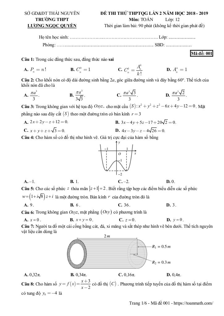 đề thi thử toán thptqg 2019 lần 2 trường lương ngọc quyến – thái nguyên 0