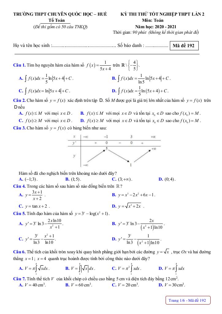 đề thi thử toán tốt nghiệp thpt 2021 lần 2 trường chuyên quốc học huế 0