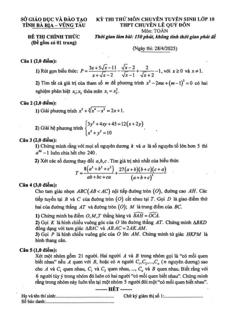 đề thi thử toán tuyển sinh lớp 10 năm 2025 – 2026 trường chuyên lê quý đôn – br vt