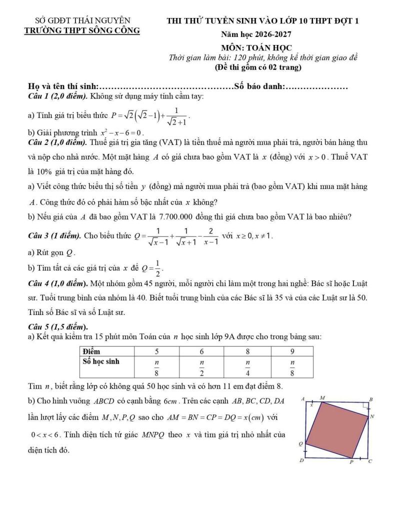 đề thi thử toán vào lớp 10 đợt 1 năm 2026 – 2027 trường thpt sông công – thái nguyên - hình 1