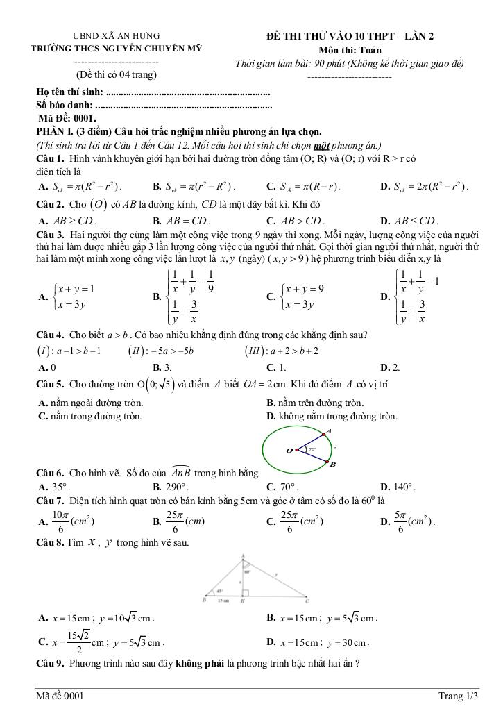 đề thi thử toán vào lớp 10 lần 2 năm 2026 – 2027 trường nguyễn chuyên mỹ – hải phòng - hình 1
