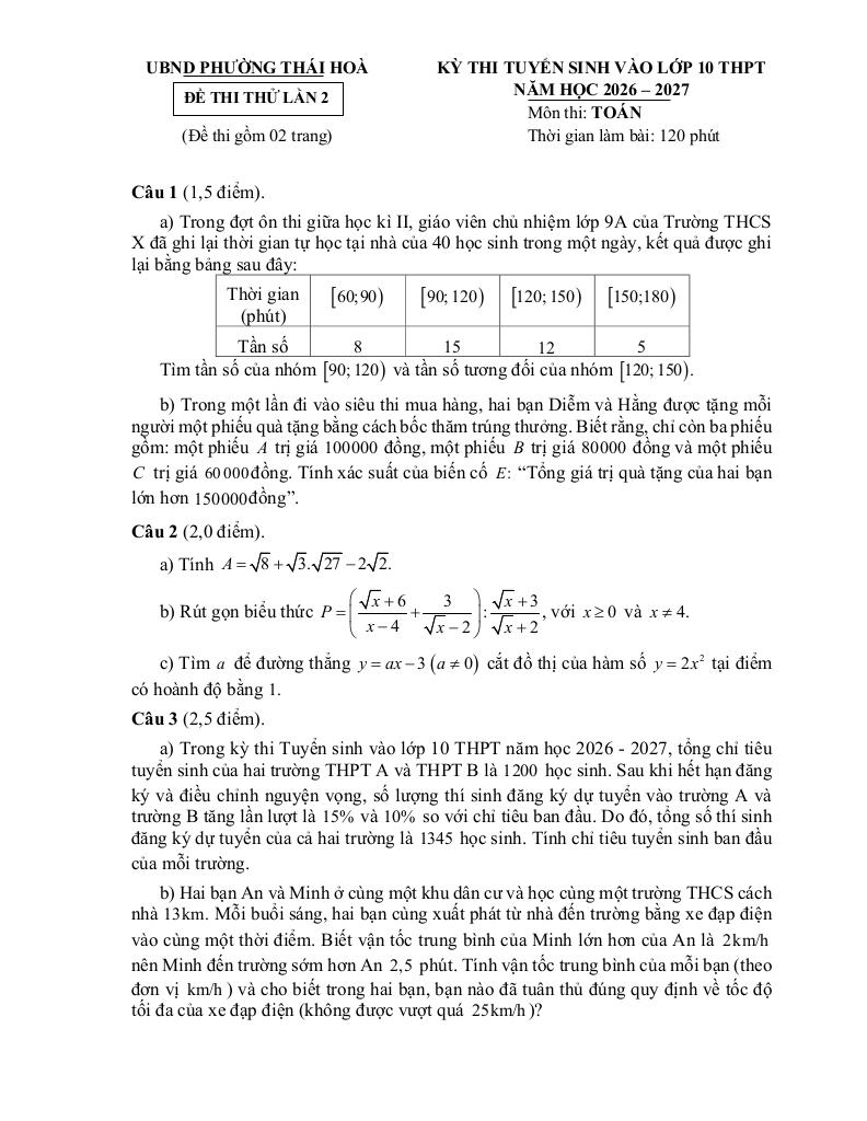 đề thi thử toán vào lớp 10 lần 2 năm 2026 – 2027 trường thcs hòa hiếu 2 – nghệ an - hình 1