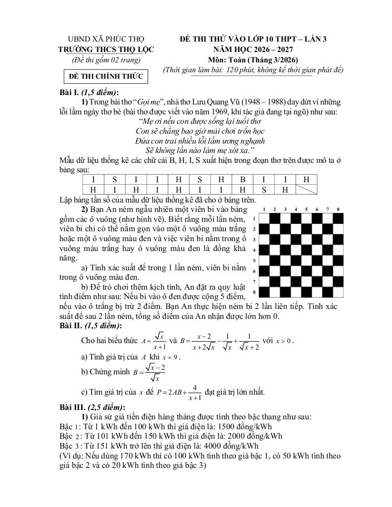 đề thi thử toán vào lớp 10 lần 3 năm 2026 – 2027 trường thcs thọ lộc – hà nội - hình 1
