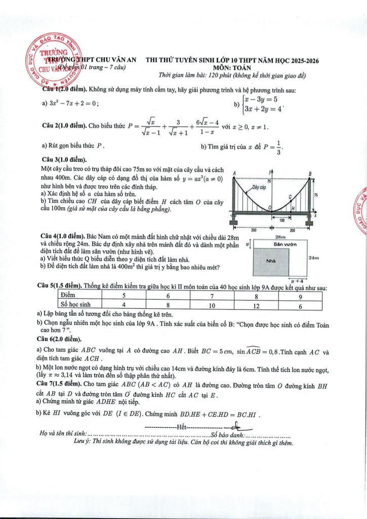đề thi thử toán vào lớp 10 năm 2025 – 2026 trường thpt chu văn an – thái nguyên 0