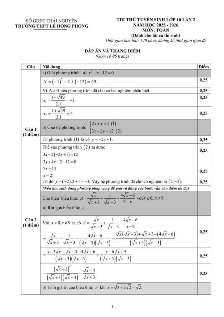 đề thi thử toán vào lớp 10 năm 2025 – 2026 trường thpt lê hồng phong – thái nguyên 1