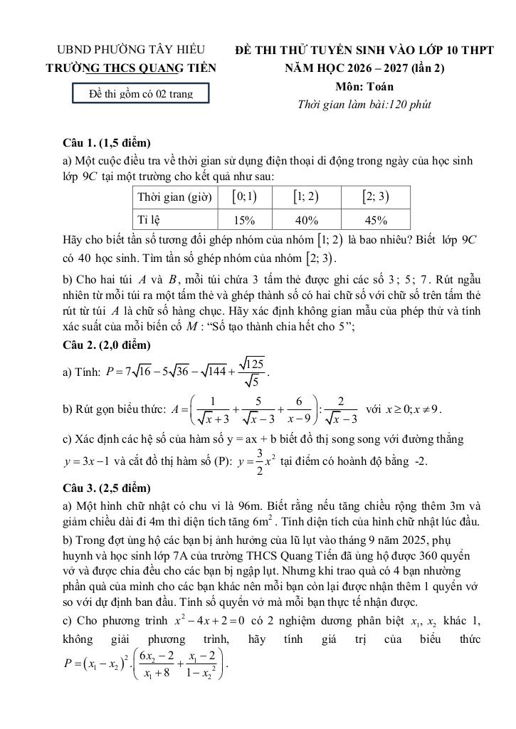 đề thi thử toán vào lớp 10 năm 2026 – 2027 lần 2 trường thcs quang tiến – nghệ an - hình 1