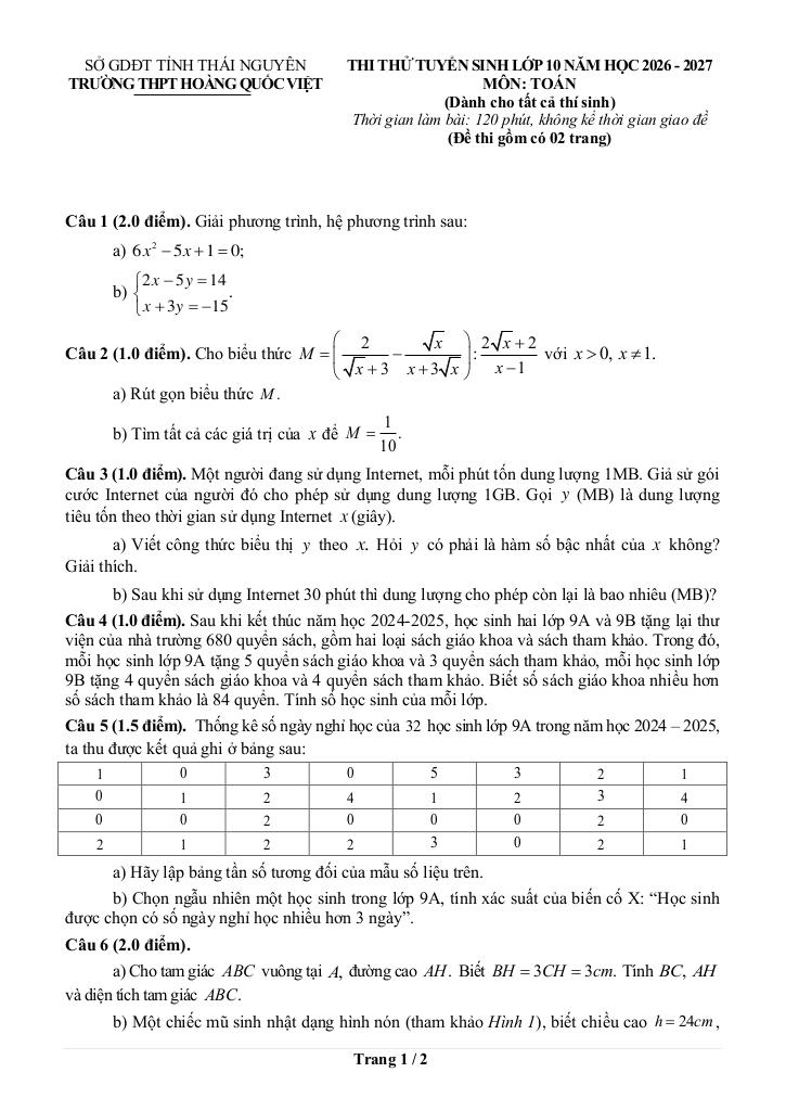 đề thi thử toán vào lớp 10 năm 2026 – 2027 trường thpt hoàng quốc việt – thái nguyên - hình 1