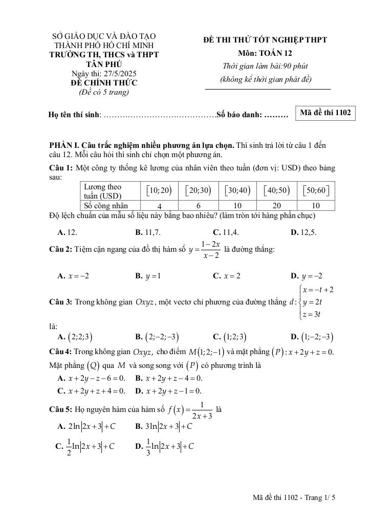đề thi thử tốt nghiệp thpt 2025 môn toán trường tân phú – tp hcm 5