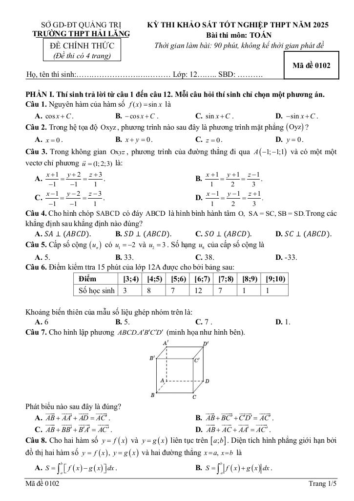 đề thi thử tốt nghiệp thpt 2025 môn toán trường thpt hải lăng – quảng trị 4