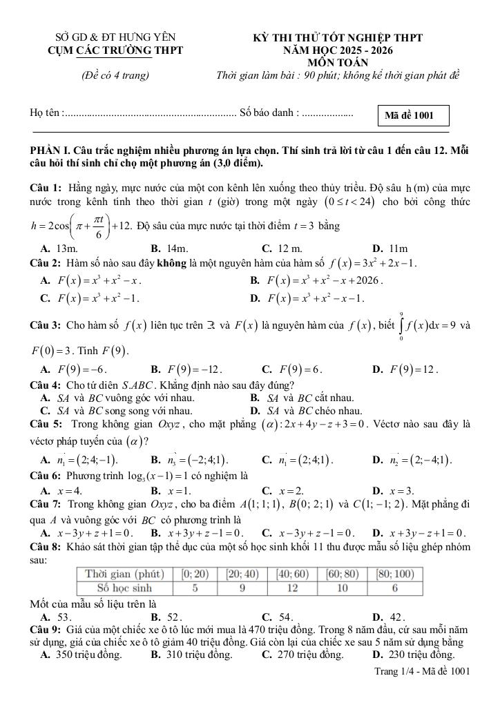 đề thi thử tốt nghiệp thpt 2026 môn toán cụm các trường thpt – hưng yên - hình 1