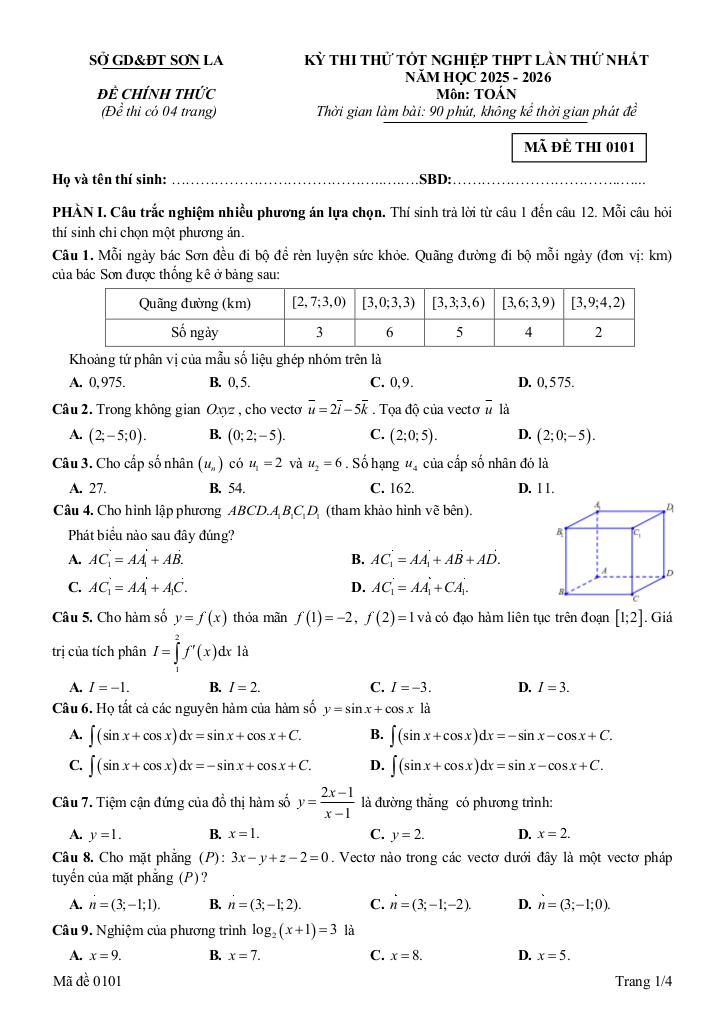 đề thi thử tốt nghiệp thpt 2026 môn toán lần 1 sở gd&đt sơn la - hình 1