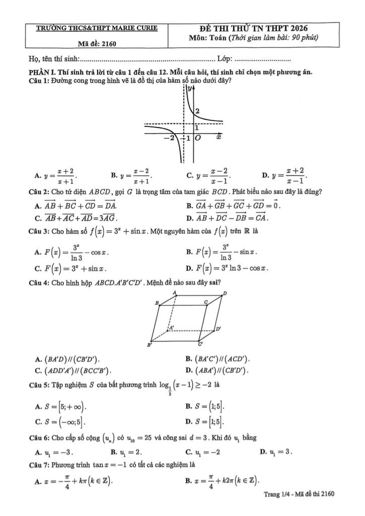 đề thi thử tốt nghiệp thpt 2026 môn toán trường marie curie – hà nội - hình 1