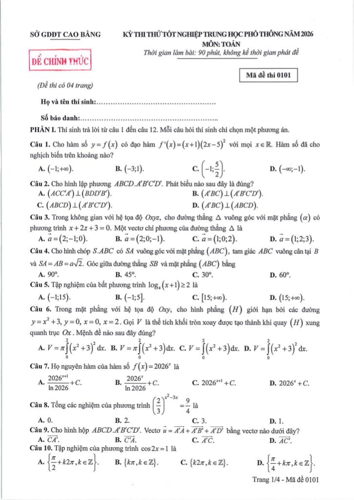 đề thi thử tốt nghiệp thpt năm 2026 môn toán sở gd&đt cao bằng - hình 1