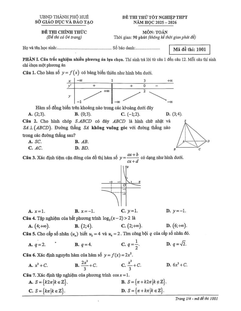đề thi thử tốt nghiệp thpt năm 2026 môn toán sở gd&đt huế - hình 1