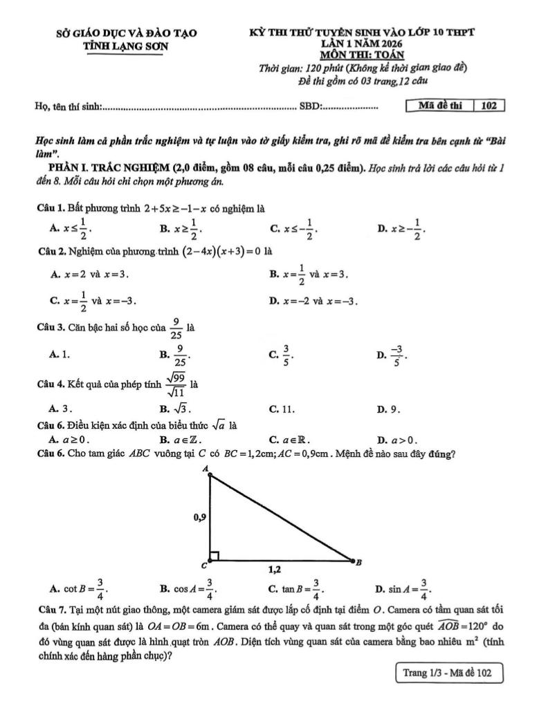 đề thi thử tuyển sinh lớp 10 môn toán lần 1 năm 2026 sở gd&đt lạng sơn - hình 1