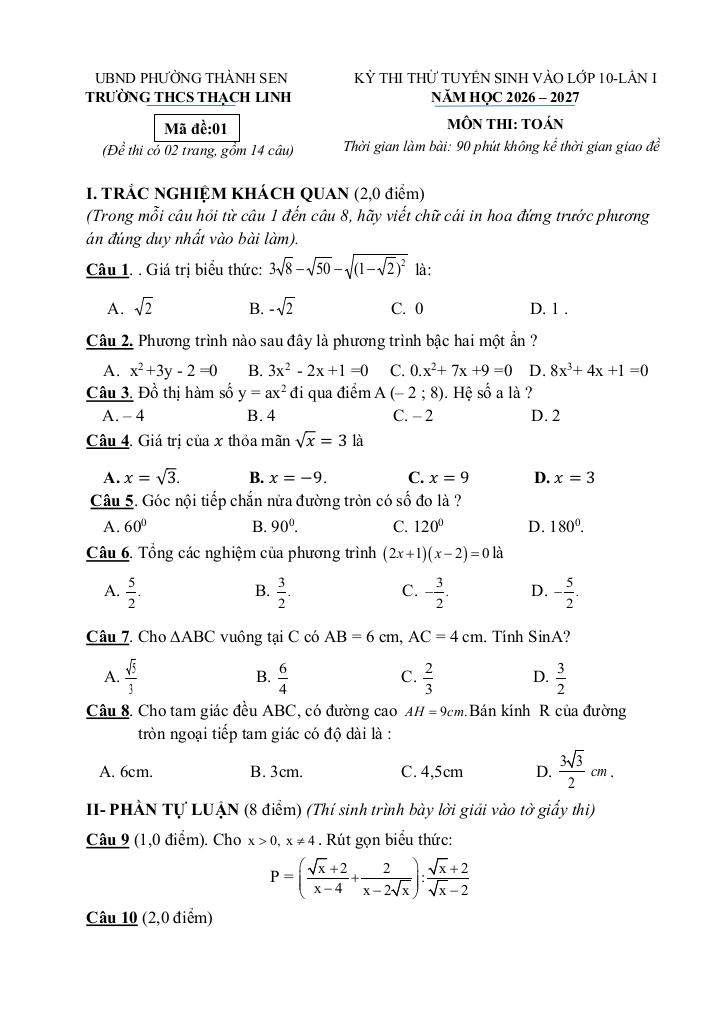 đề thi thử vào lớp 10 lần 1 môn toán năm 2026 – 2027 trường thcs thạch linh – hà tĩnh - hình 1