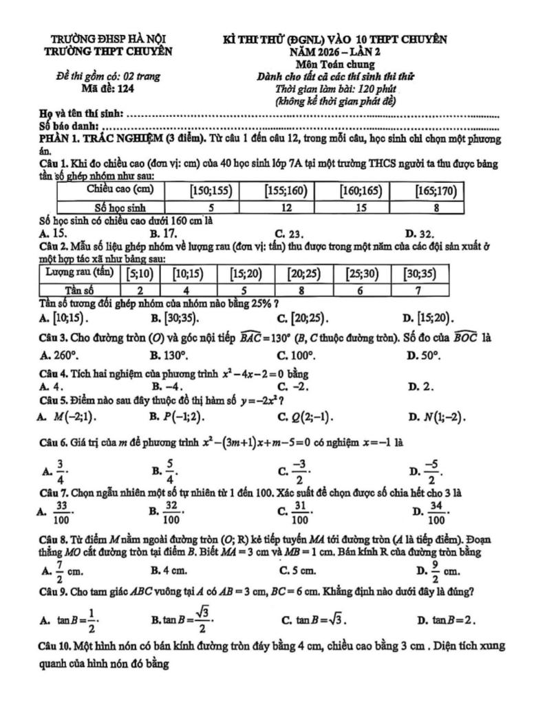đề thi thử vào lớp 10 môn toán (chung) năm 2026 lần 2 trường chuyên đhsp hà nội - hình 1