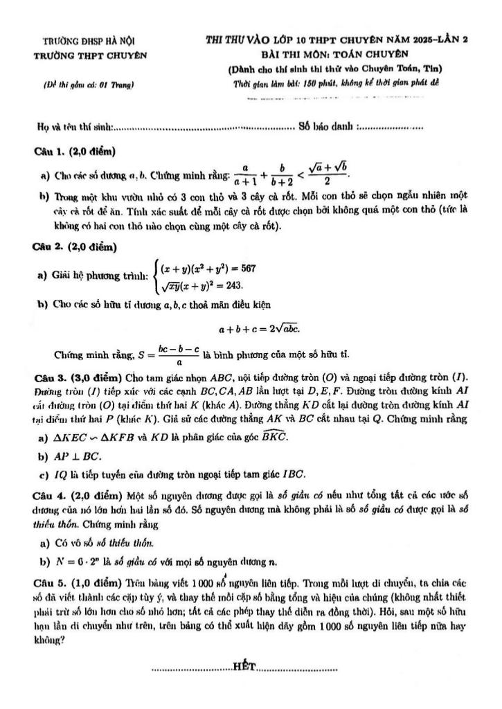 đề thi thử vào lớp 10 môn toán (chuyên) năm 2025 lần 2 trường chuyên đhsp hà nội