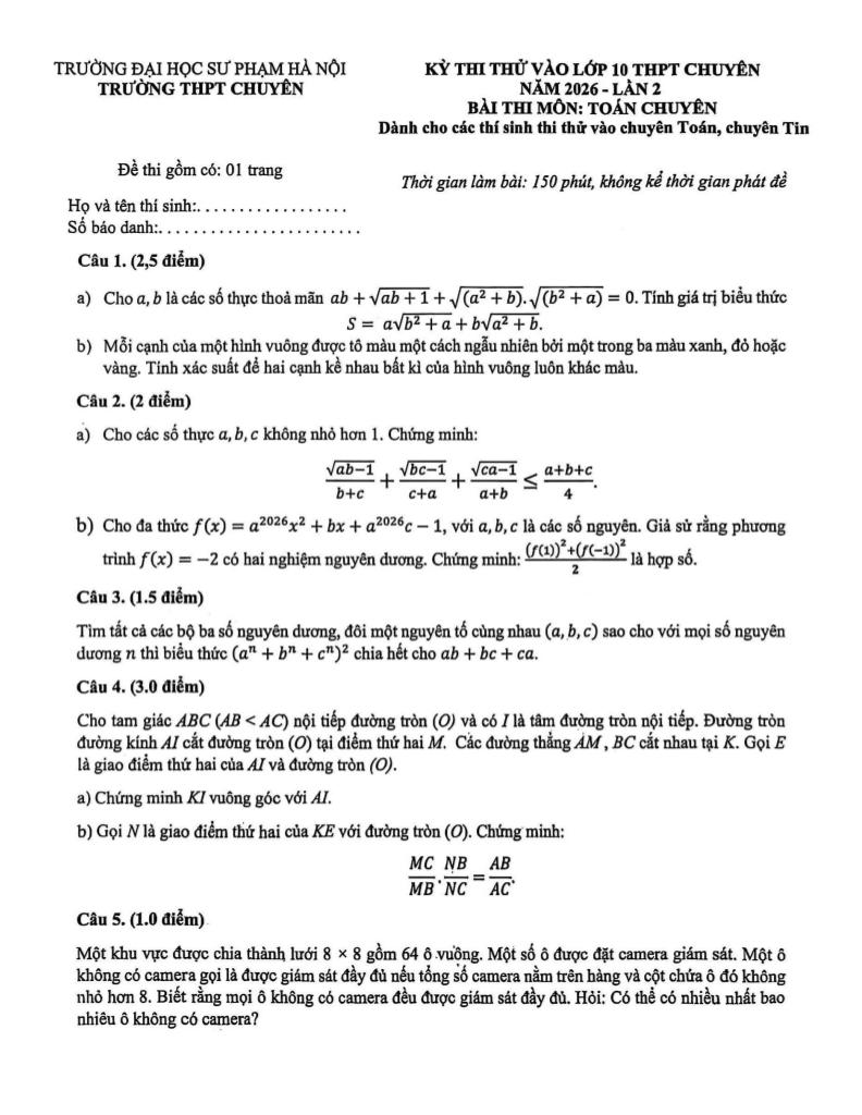 đề thi thử vào lớp 10 môn toán (chuyên) năm 2026 lần 2 trường chuyên đhsp hà nội