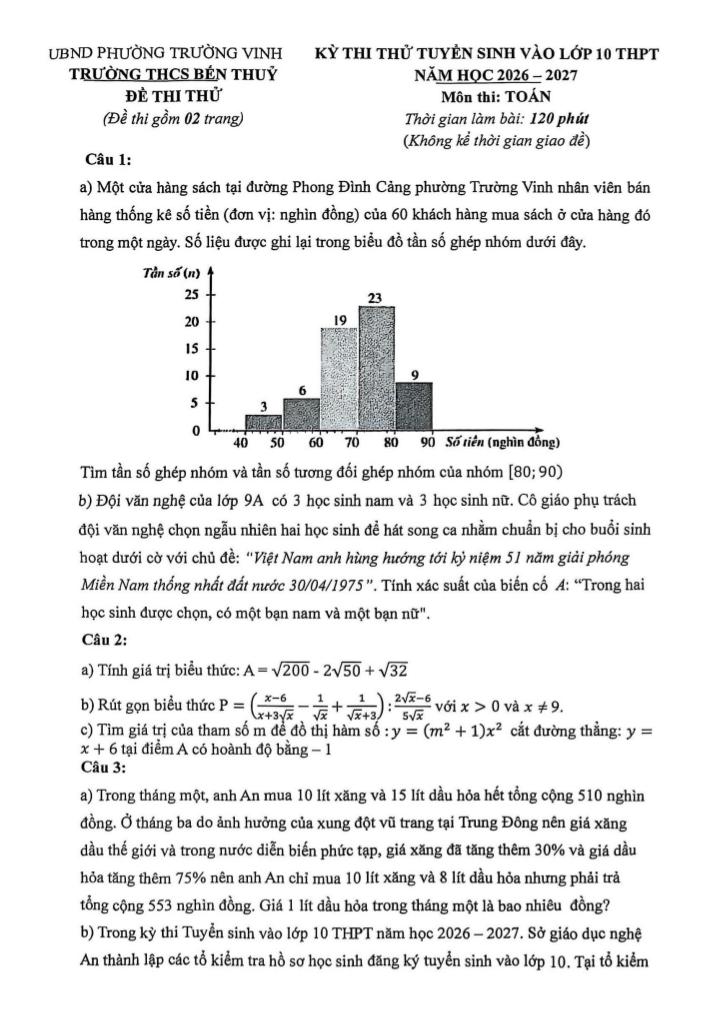 đề thi thử vào lớp 10 môn toán năm 2026 – 2027 trường thcs bến thủy – nghệ an - hình 1