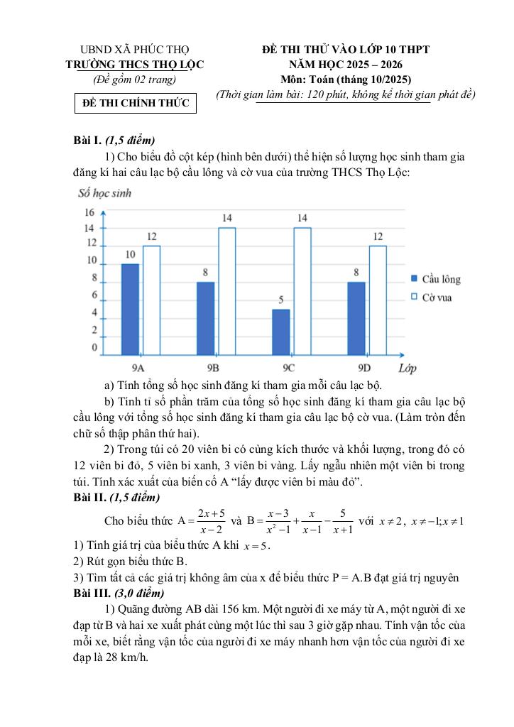 đề thi thử vào lớp 10 môn toán năm 2026 trường thcs thọ lộc – hà nội 0