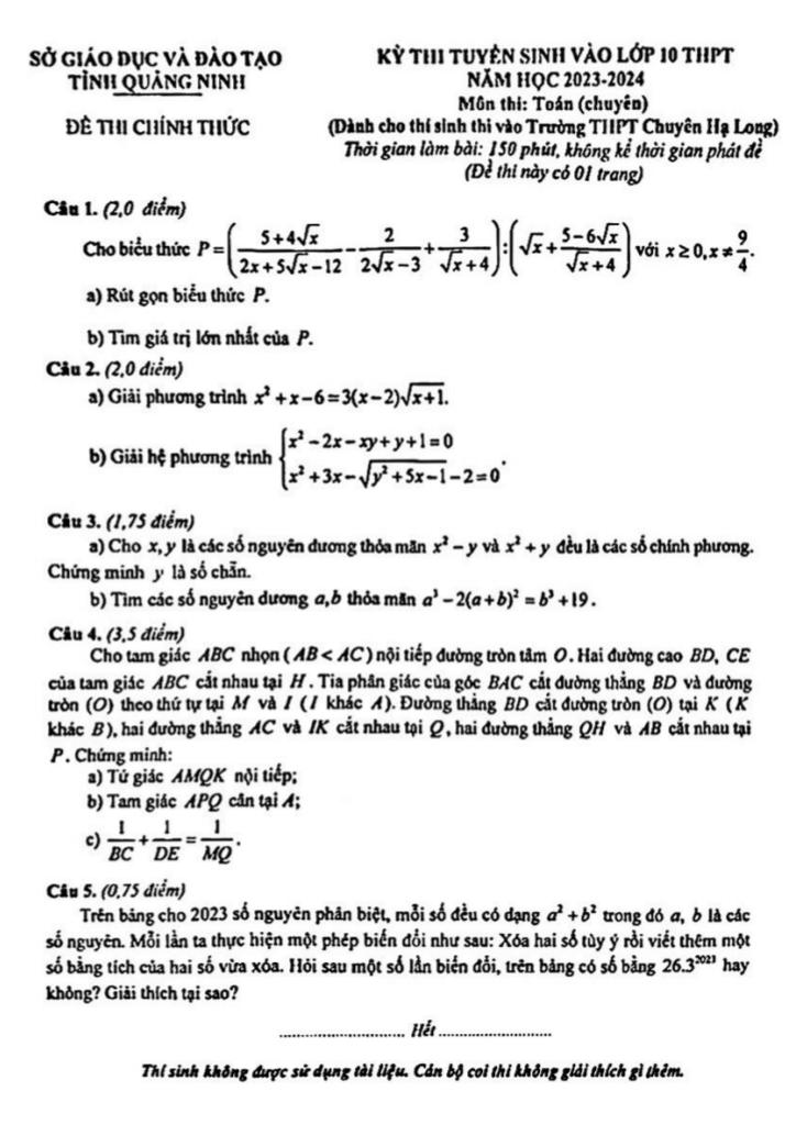 đề thi vào 10 môn toán (chuyên) năm 2023 – 2024 trường chuyên hạ long – quảng ninh