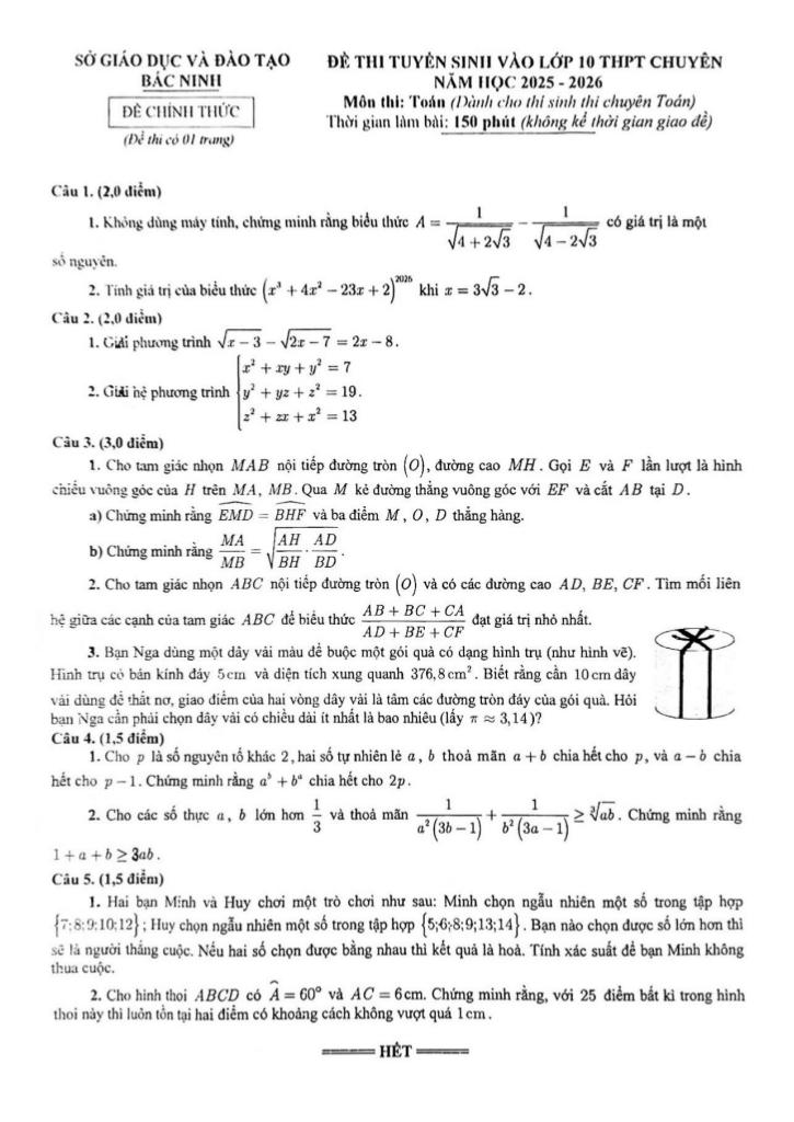 đề tuyển sinh lớp 10 chuyên môn toán (chuyên) năm 2025 – 2026 sở gd&đt bắc ninh