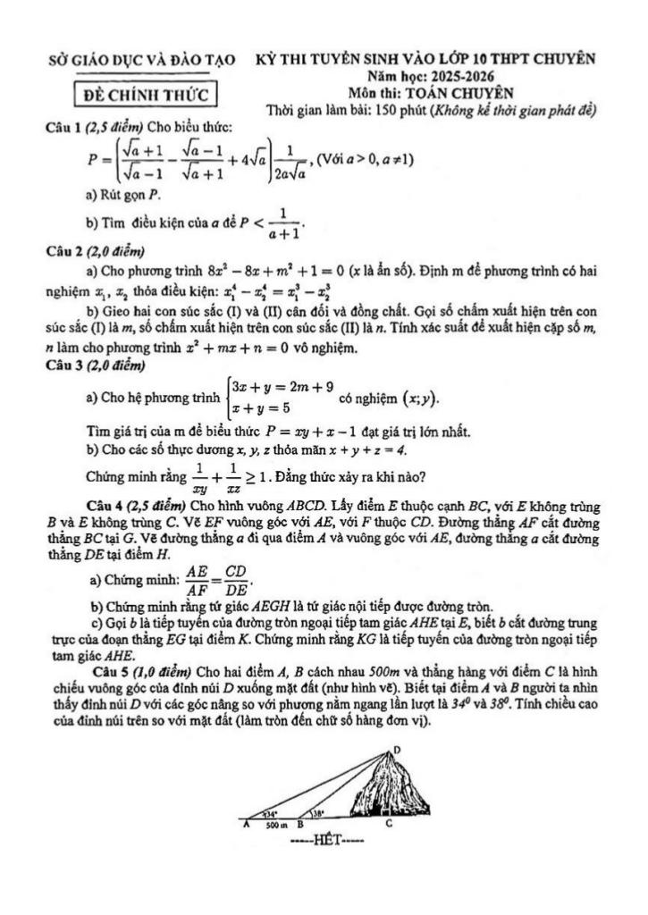 đề tuyển sinh lớp 10 chuyên môn toán (chuyên) năm 2025 – 2026 sở gd&đt bình dương