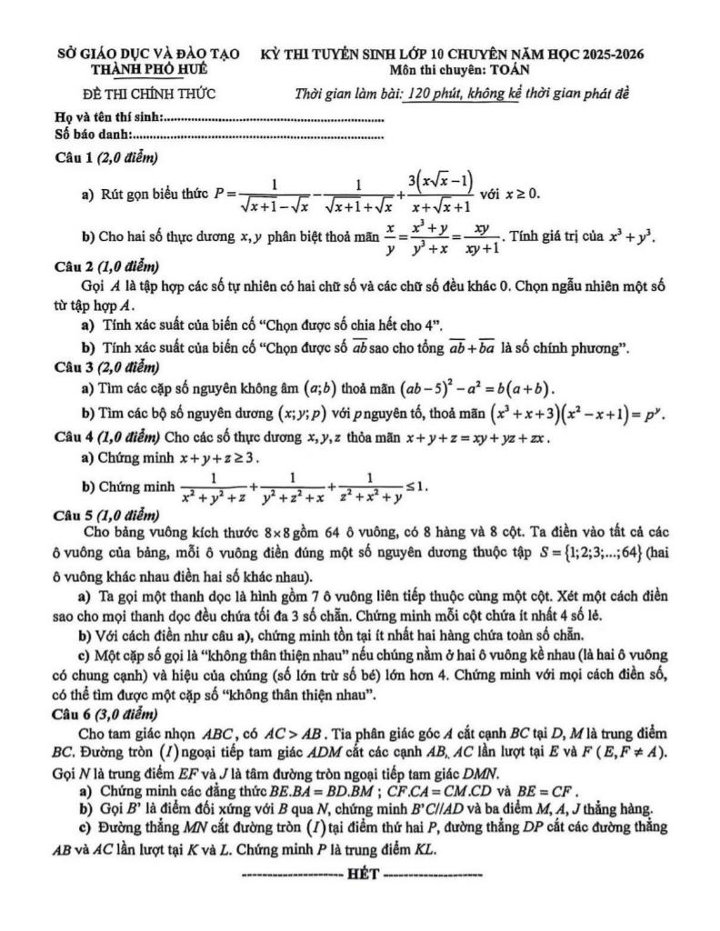 đề tuyển sinh lớp 10 chuyên môn toán năm 2025 – 2026 sở gd&đt huế