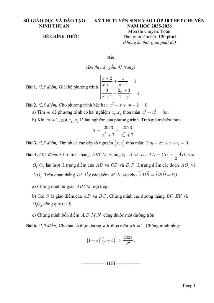 đề tuyển sinh lớp 10 chuyên môn toán năm 2025 – 2026 sở gd&đt ninh thuận 0
