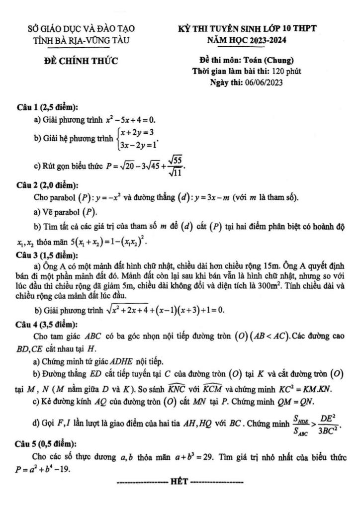 đề tuyển sinh lớp 10 môn toán (chung) năm 2023 – 2024 sở gd&đt bà rịa – vũng tàu