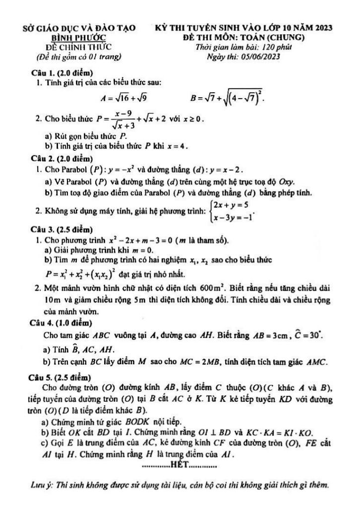 đề tuyển sinh lớp 10 môn toán (chung) năm 2023 – 2024 sở gd&đt bình phước