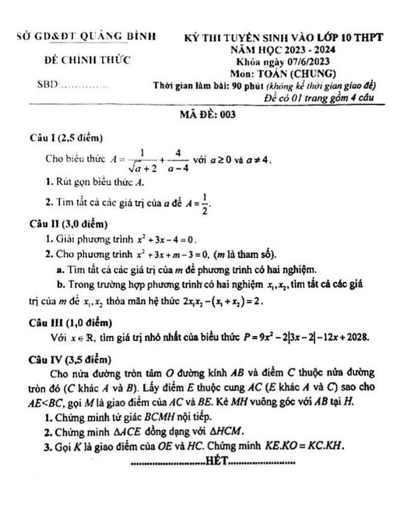 đề tuyển sinh lớp 10 môn toán (chung) năm 2023 – 2024 sở gd&đt quảng bình
