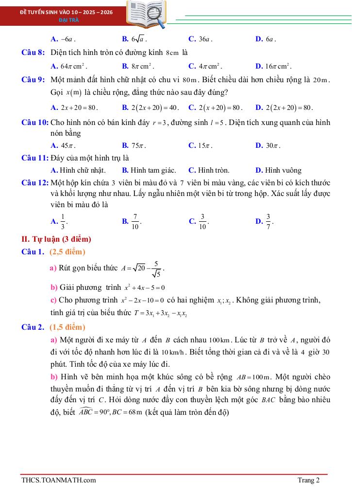 đề tuyển sinh lớp 10 môn toán (chung) năm 2025 – 2026 sở gd&đt bà rịa – vũng tàu 3