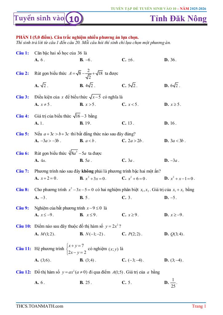 đề tuyển sinh lớp 10 môn toán (chung) năm 2025 – 2026 sở gd&đt đắk nông 0
